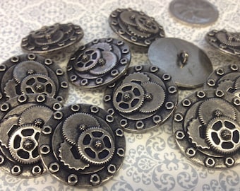 One Package (6 Buttons) Steampunk Gears and Bolts Antique Silver or Ant Brass Vintage Shank Buttons(K3900)