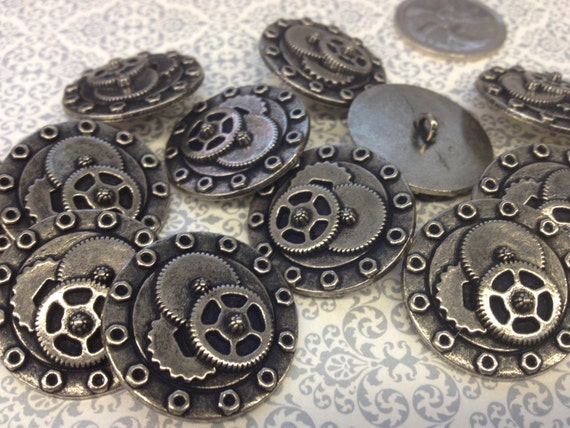 Un paquet (6 boutons), engrenages et boulons steampunk, argent antique ou laiton antique, boutons à queue vintage (K3900)