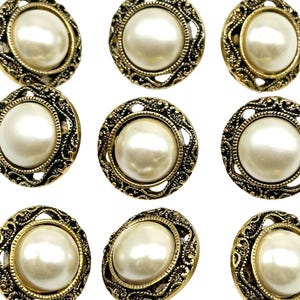 12 Pcs Vintage Filigree Rim Shank Buttons - Antique Gold Pearl Center, Multiple Sizes | Decorative Sewing & Craft Supplies | (C2850)