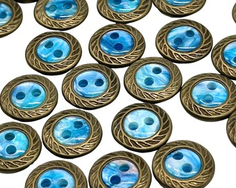 12 Vintage Blue Pearl Buttons: Antique Brass or Silver Metal Rim, 1970s Sewing Supplies