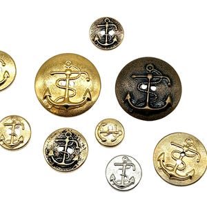 12 Pcs Vintage Anchor Marine 2-Hole Metal Buttons - Multiple Sizes Colours | Sewing Crafting Supplies | Decorative Clothing Button | (K1259)