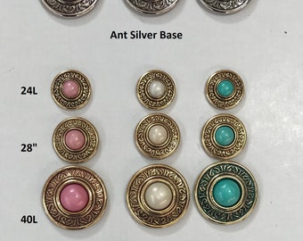 1 Dozen(1 package) Vintage "Framed" Rim with Turquoise or Pink or Pearl Insert Nylon/ABS Plated Shank Buttons- K1508 in various sizes