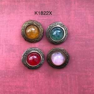 One Package (6 Buttons) Ant Gold or Ant Silver with 4 colored Glass Cabochon Center, Vintage Shank Buttons K1822X Size is 36 (7/8” )(23mm )