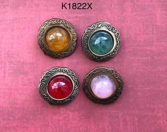 One Package (6 Buttons) Ant Gold or Ant Silver with 4 colored Glass Cabochon Center, Vintage Shank Buttons K1822X Size is 36 (7/8” )(23mm )