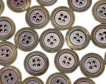 Vintage Leather Buttons with Antique Brass Rim: 80s Sewing Supplies, Set of 12 (20mm)