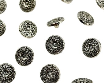 12 botones vintage con forma de flor: plata antigua, 12,5 mm