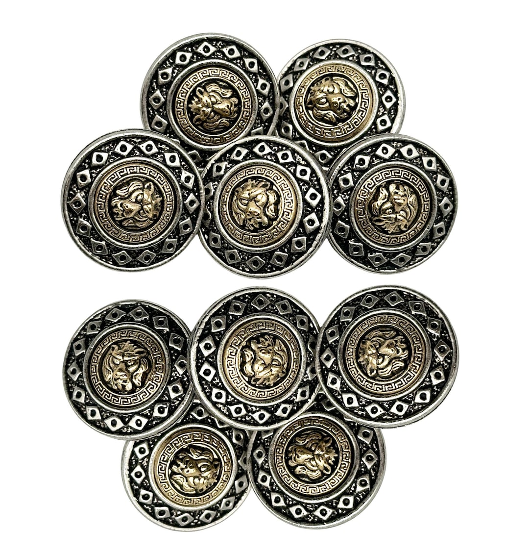 12 Pcs Vintage Lion Head Buttons: Antique Silver & Gold Greek Key Shank ...
