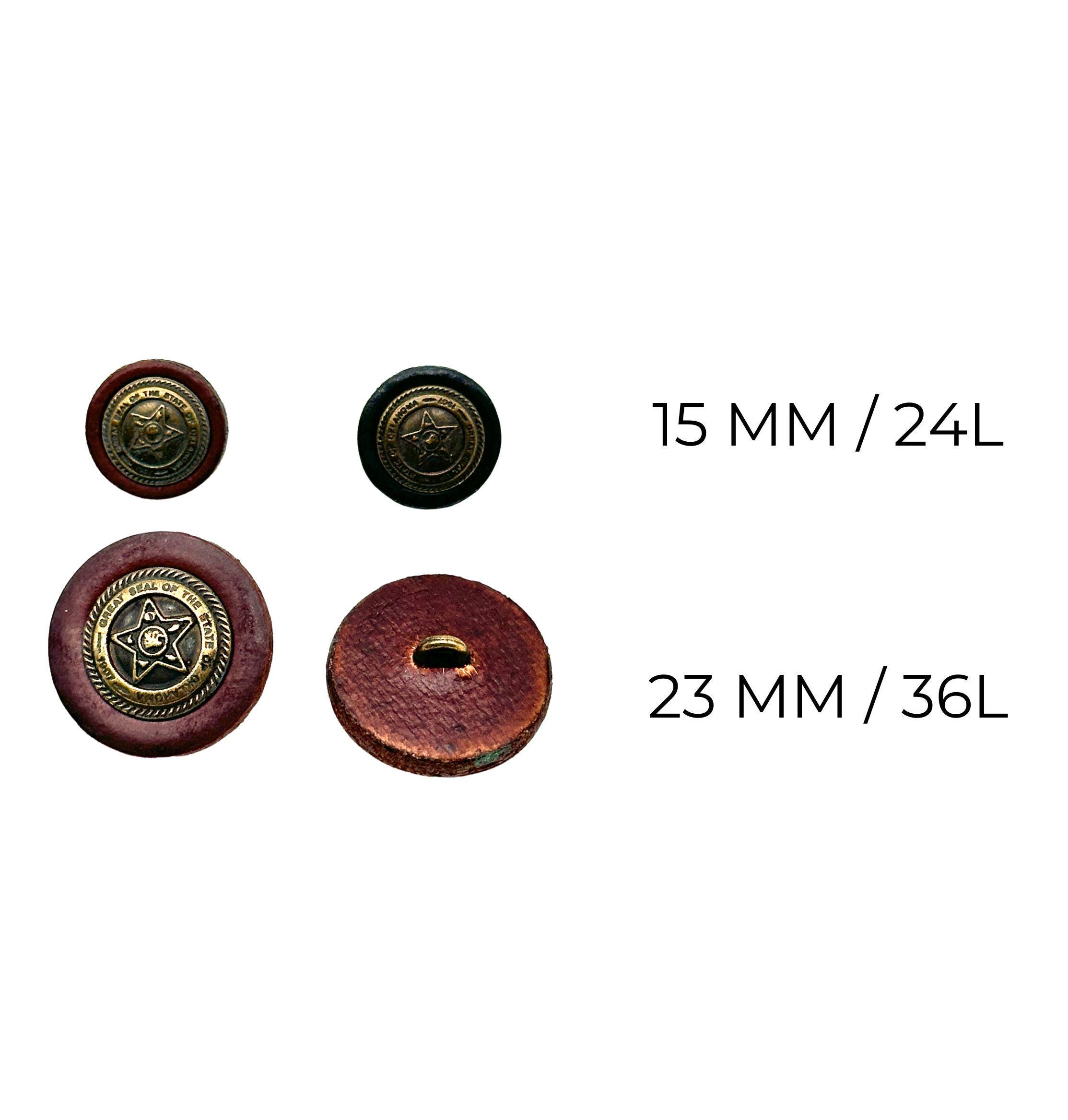 Vintage Oklahoma Seal Buttons: Leather Rim, Antique Brass - Set of