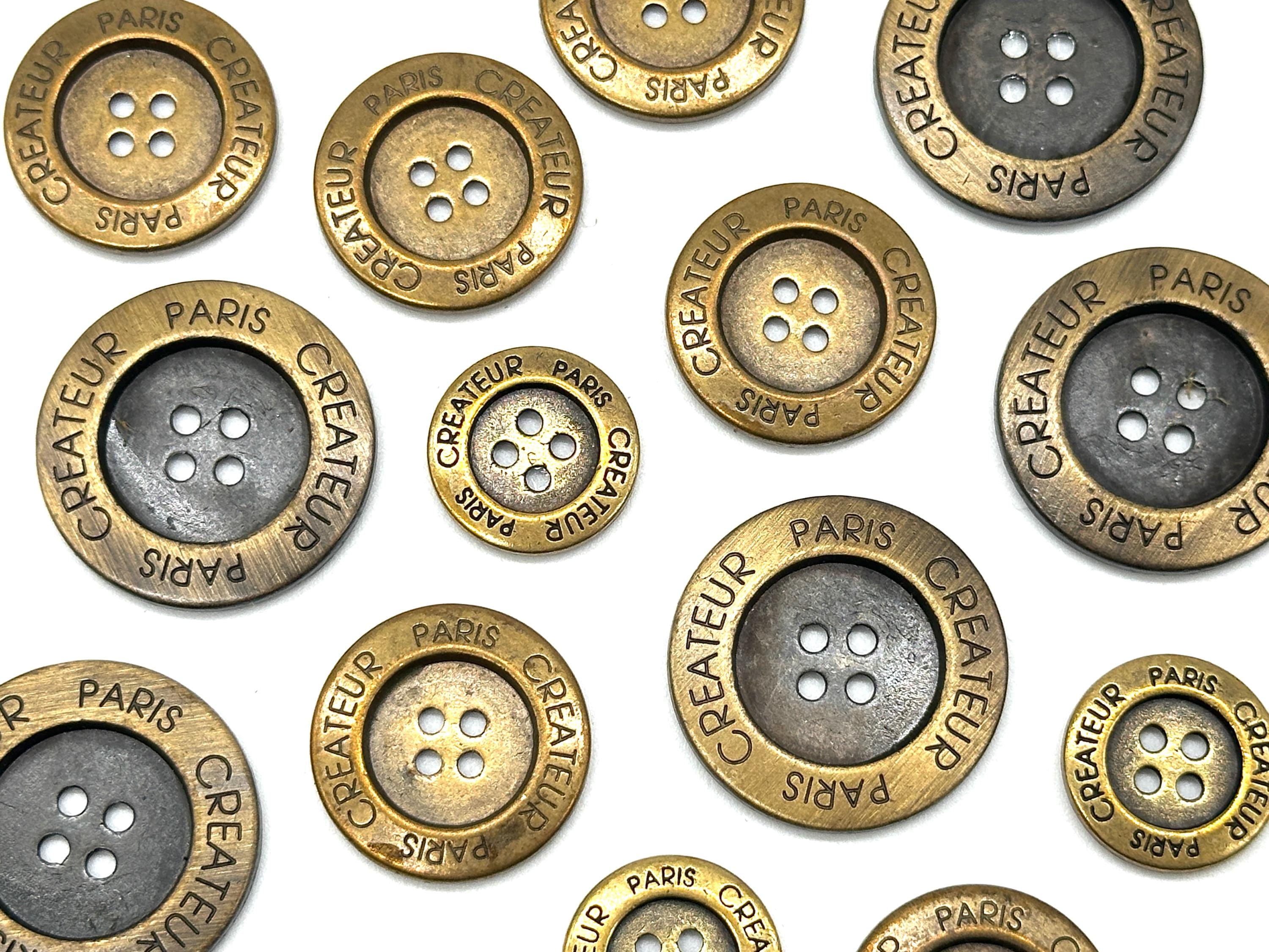 12 Vintage Paris Createur Metal Buttons: Antique Brass Sewing