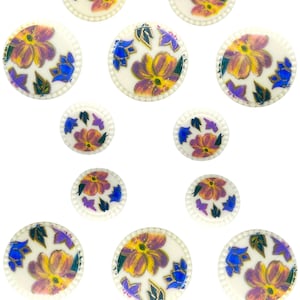 12 Pcs Vintage Flower Pattern Shank Buttons White with Multicolour Design, Multiple Sizes | Decorative Sewing | Clothing Buttons (C2524)
