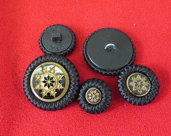 4 buttons Vintage Braided Black with Black/Gold Glass Look Centre Shank Buttons- BR304 Several Sizes Available