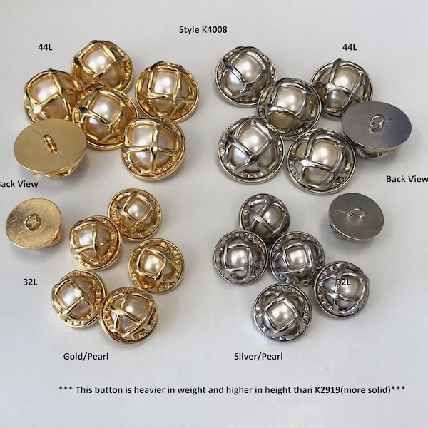 1/2 Dozen(1 package) Vintage "Metal with Polyester Pearl insert" Shank Buttons. Style K4008 available in sizes and colors