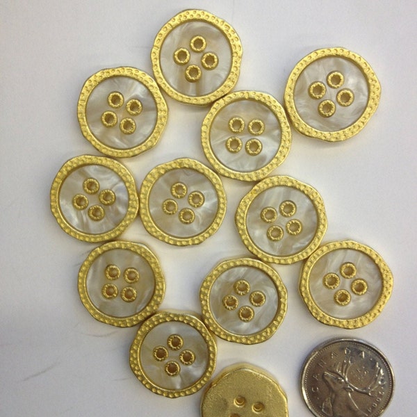 6 buttons(1 package) Vintage Gold and Pearlescent  4-Hole Buttons-K3447 Several sizes available. Heavy feel and solid