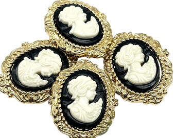 Boutons camées vintage dorés : noir et blanc, couture d'embellissements (Lot de 6)