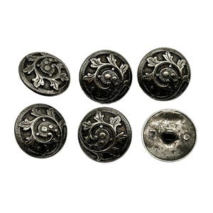 6 Vintage Metal Buttons: Antique Nickel Leaves & Vines Design