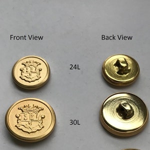 One Package (6 Buttons) Vintage "Coat of Arms" Crested Metal Shank Buttons. K2432 available in Gold Color and 2 sizes