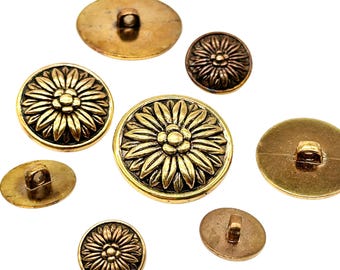 12 Pcs Vintage Sunflower Pattern Shank Buttons - Antique Gold, Multiple Sizes | Crafting Supplies | Decorative Clothing Buttons | (K2047)