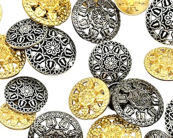 Vintage Filigree Floral Metal Shank Buttons: Gold, Silver, Bronze - Set of 12
