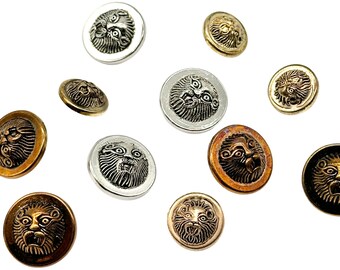 12 Vintage Lion Face Shank Buttons: Antique Gold, Silver, Black