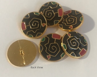 I Package(6 buttons) Vintage  "Mosaic" Gold base/Black & Multi color Epoxy Metal Shank Buttons -K2193 - Size is 40 L or 1" or 25mm