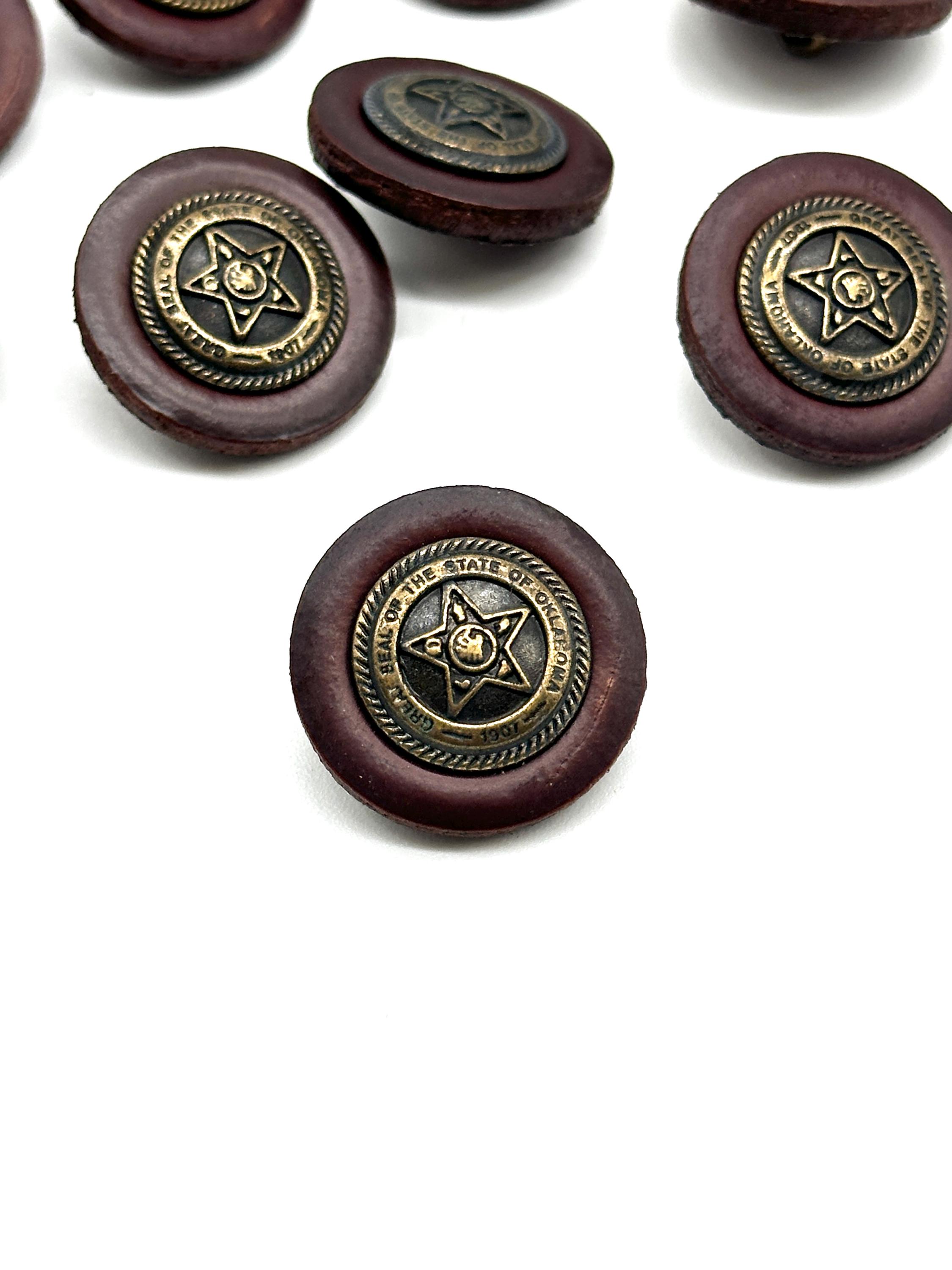 Vintage Oklahoma Seal Buttons: Leather Rim, Antique Brass - Set of