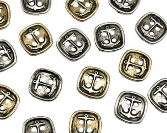 12 Vintage Anchor Buttons: Antique Gold & Silver, 15mm