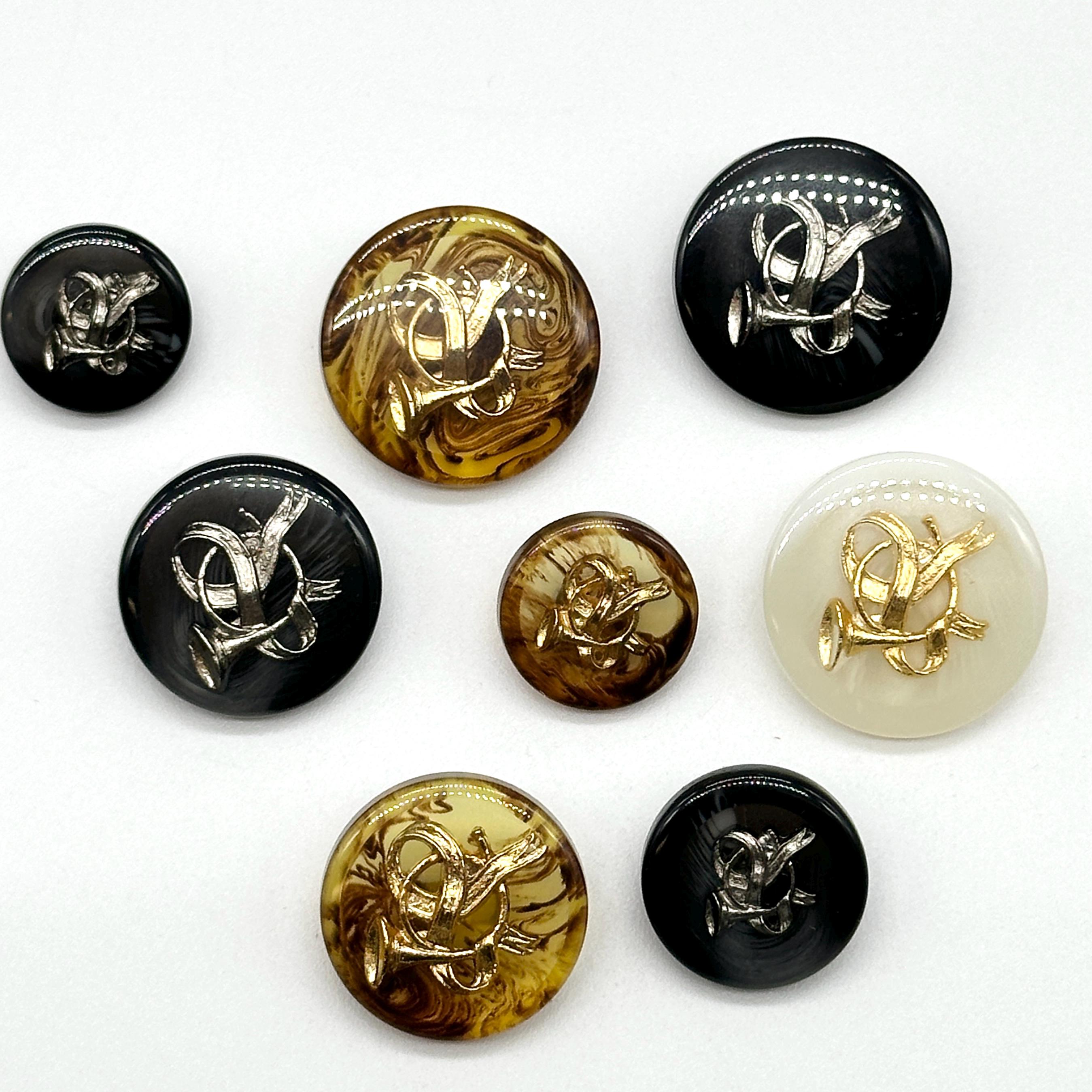 6 Pcs Vintage Bugle Horn Epoxy Shank Buttons - Gold & Silver