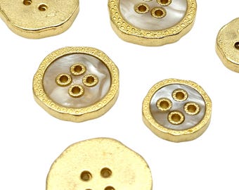 6 Pcs Vintage 4-Hole Buttons - Gold & Pearlescent, Decorative Sewing Buttons, Heavy Feel Solid Design, Multiple Sizes | (K3447)