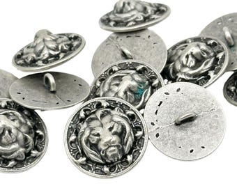 12 Vintage Lion Face Metal Shank Buttons: Italian Sewing Supplies