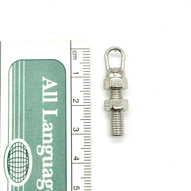 May include: A silver metal hook with a threaded shaft and two nuts. The hook is approximately 3 cm long.