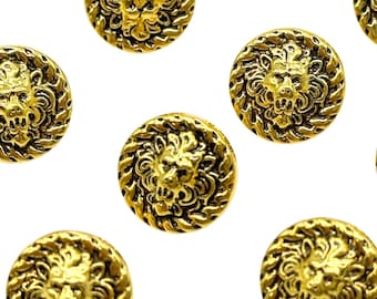 9 Vintage Gold Lion Face Buttons: Decorative Rope Rim Shank Buttons