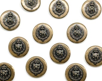 12 Vintage Shield Crown Buttons: Antique Brass & Silver Sewing Supplies