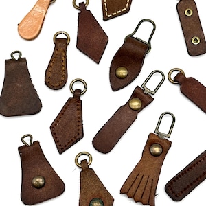 2 pcs vintage leather zipper pulls with rivets, stitching, or plain design | decorative buttons | sewing craft | (vintage leather zipper)