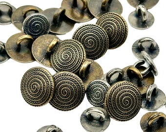 12 Vintage Coiled Rope Shank Buttons: Antique Brass or Silver, Made in Italy