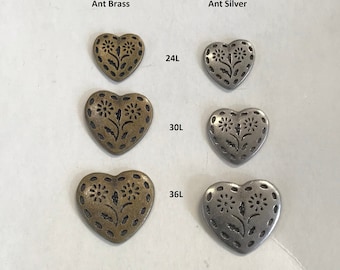 1 Dozen Vintage "Heart Shank Button with Floral Engraving (Cap A715) available in several sizes and colors