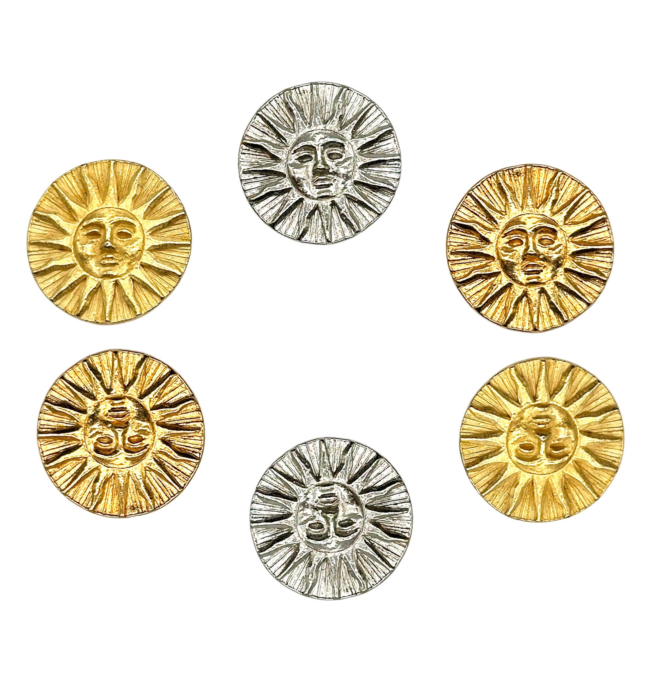 3 Pcs Vintage Sun Face Shank Buttons - Shiny Silver, Gold