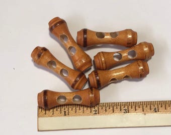 Set of 6 Vintage Wooden Toggles: 2-Hole Rustic Buttons