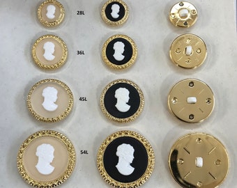 One Package (6 Buttons) Vintage Gold Frame/Clear or Black and White "Cameo" Shaped Center ABS/Nylon Shank Buttons C3326 In several sizes