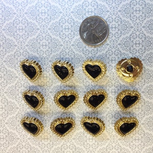 One Package 6 Buttons Heart Shaped Gold Frame with Black or Red Insert Vintage Shank Buttons.C3073 available in various sizes image 3