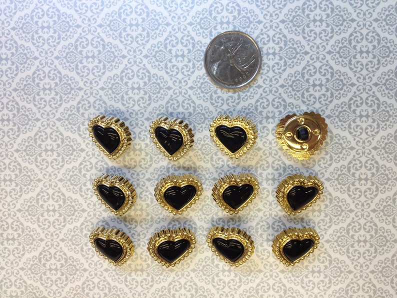 One Package 6 Buttons Heart Shaped Gold Frame with Black or Red Insert Vintage Shank Buttons.C3073 available in various sizes image 3