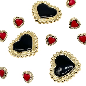 6 pcs vintage heart shank buttons gold frame with black or red insert, multiple sizes | fashion sewing supplies | decorative buttons (C3073)