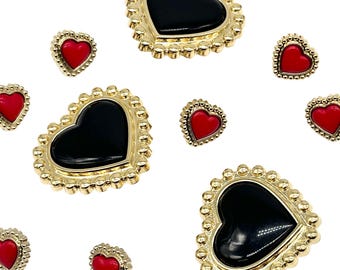 6 pcs vintage heart shank buttons gold frame with black or red insert, multiple sizes | fashion sewing supplies | decorative buttons (C3073)