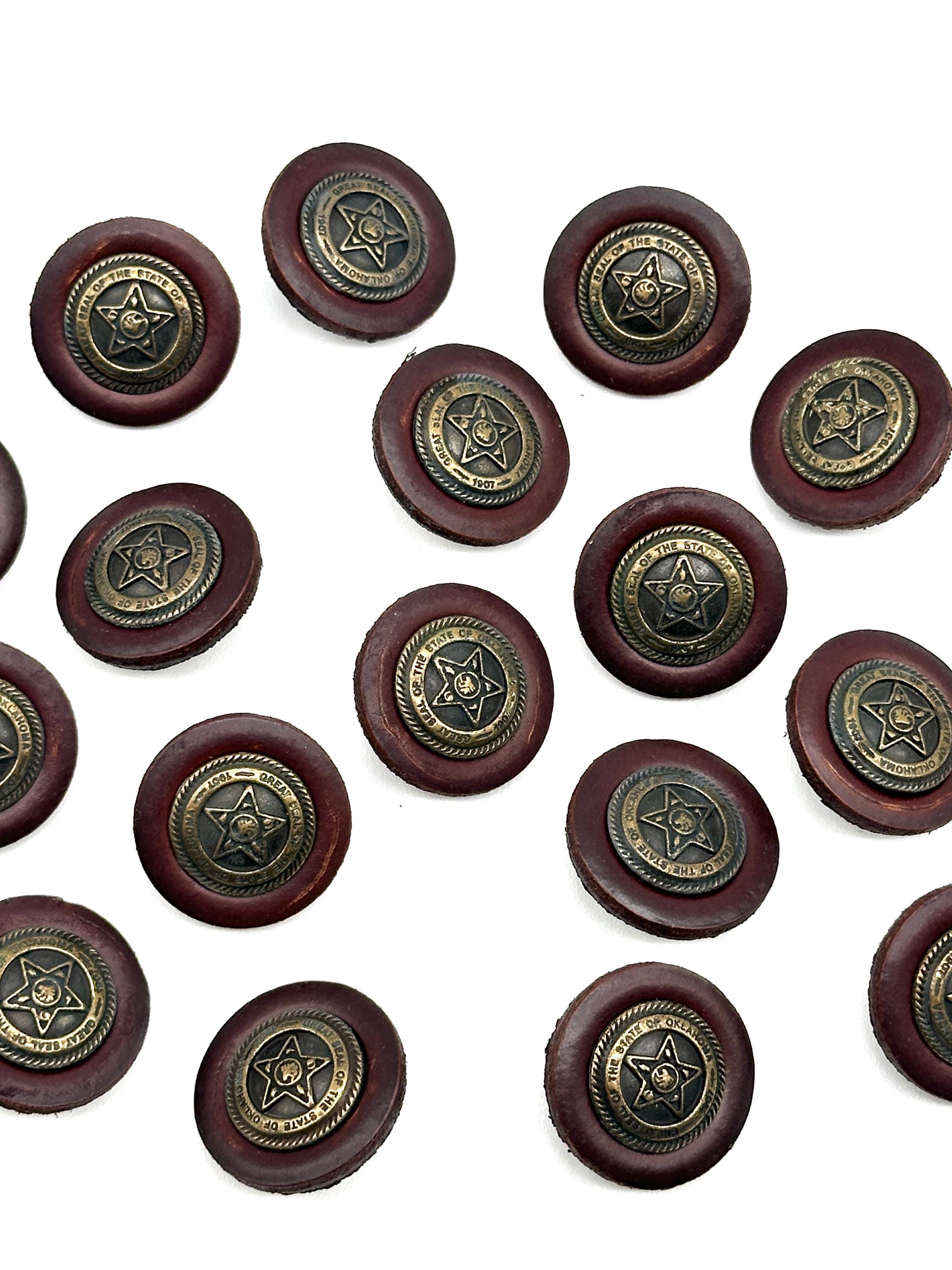 Vintage Oklahoma Seal Buttons: Leather Rim, Antique Brass - Set of