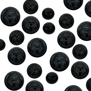 May include: A collection of black buttons with an anchor design. The buttons are arranged in a random pattern on a white background.