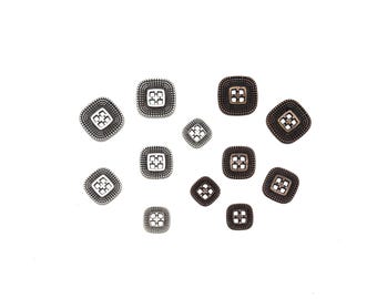 12 Vintage Metal Buttons: Rounded Square  4-Hole Sewing Textured Buttons