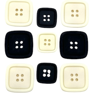 Square Vintage Clothing Buttons, 4-Hole Black  Ivory Polyester, Decorative Buttons for Sewing, Set of 12, Ideal for Jackets & Dresses DIY