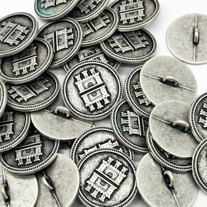 12 Antique Silver Medieval Castle Shank Buttons: Italian Vintage Sewing Supplies