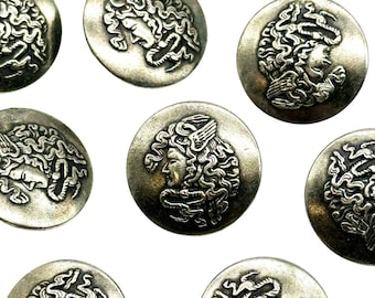 Vintage Gorgon's Head Metal Shank Buttons - Antique Brass/Silver - Made in Italy