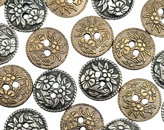 Vintage Floral Metal Buttons - Antique Silver & Brass - Sewing Supplies set of 12.