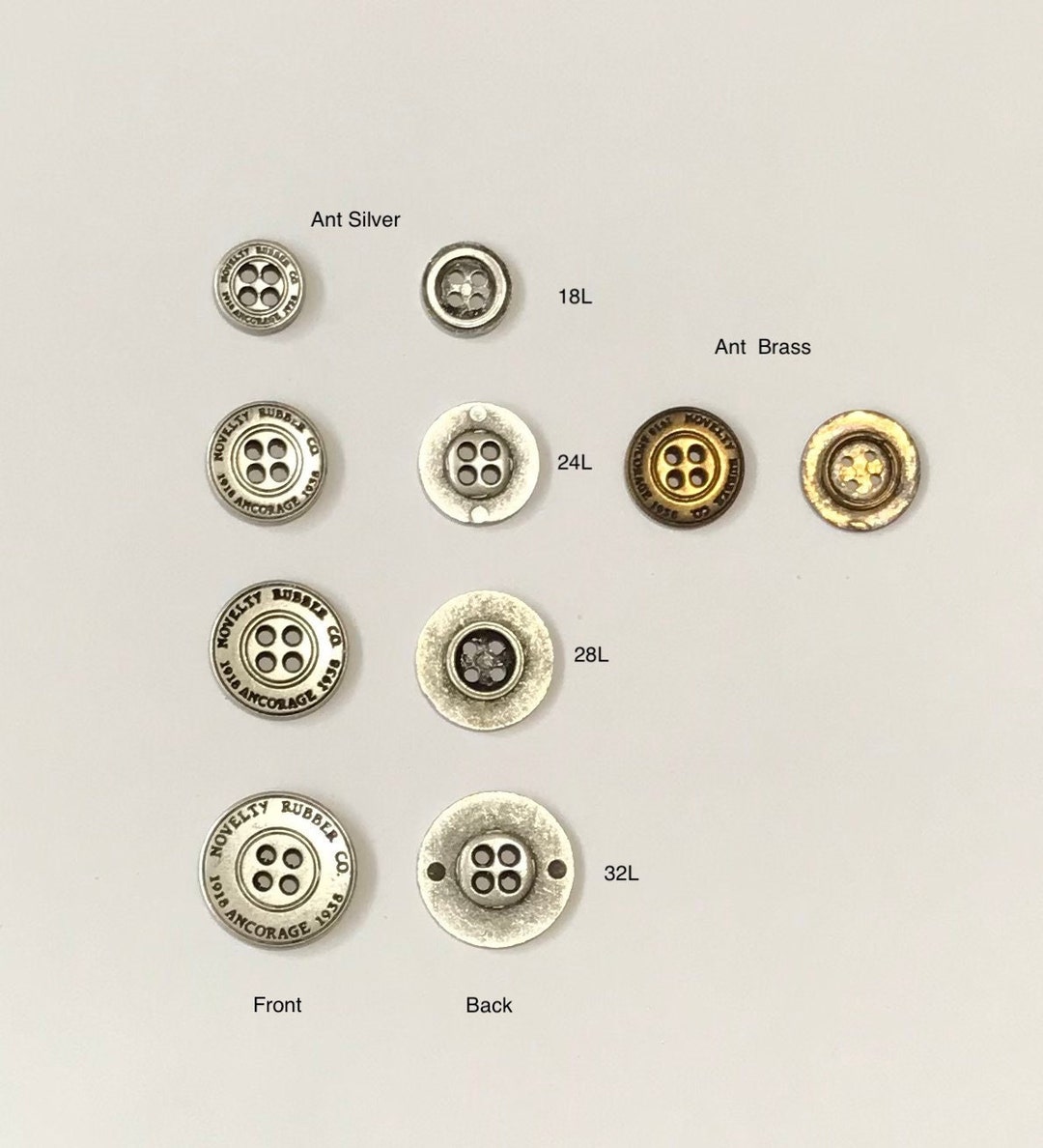 1 Dozen Vintage novelty Rubber Co. 4 Hole Metal Button K5422 Available